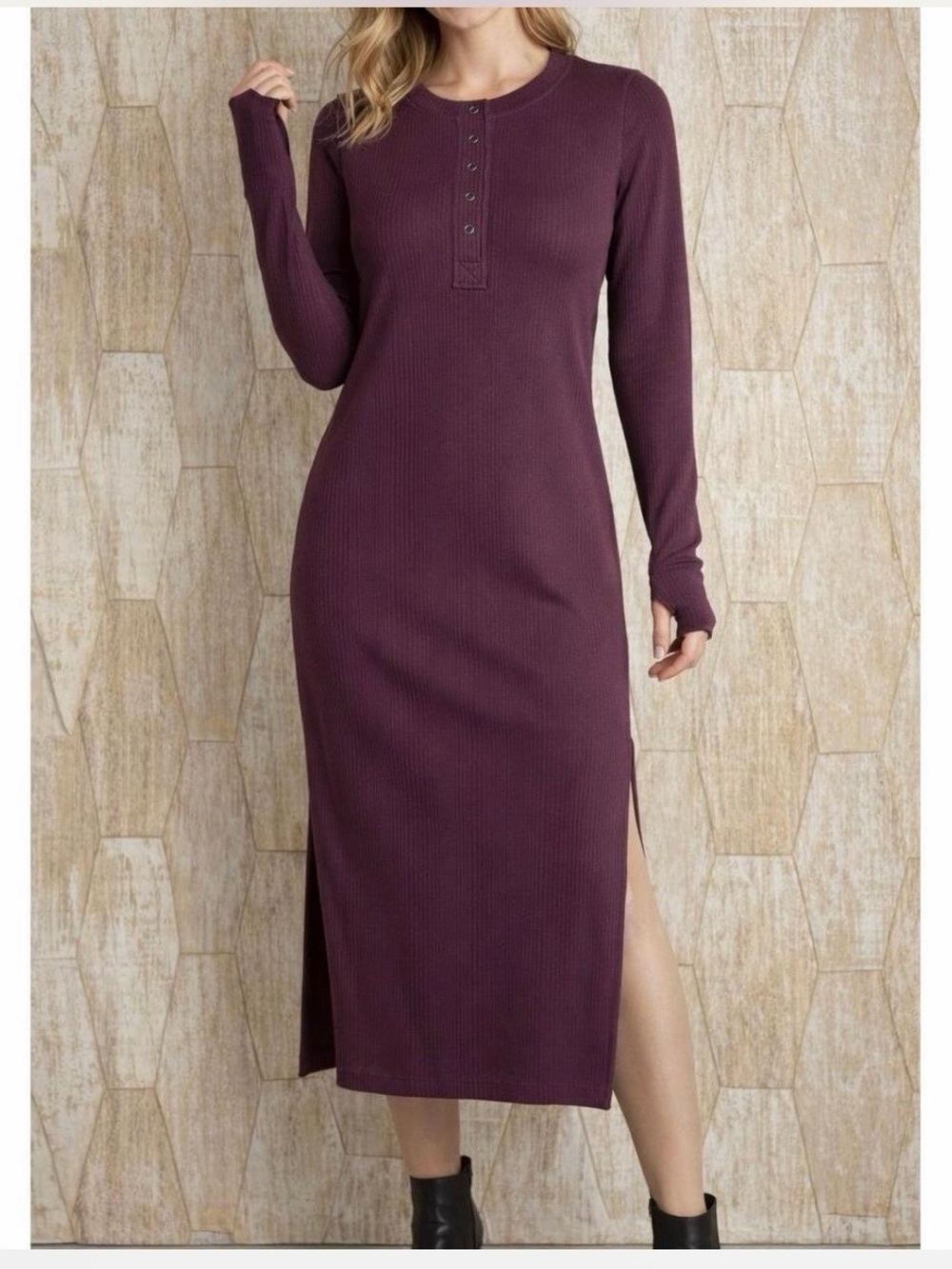 Sweaty Betty plum Henley ribbed knit midi dress